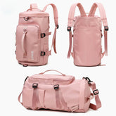 Light pink streetwear backpack displayed from three angles, durable material, adjustable straps