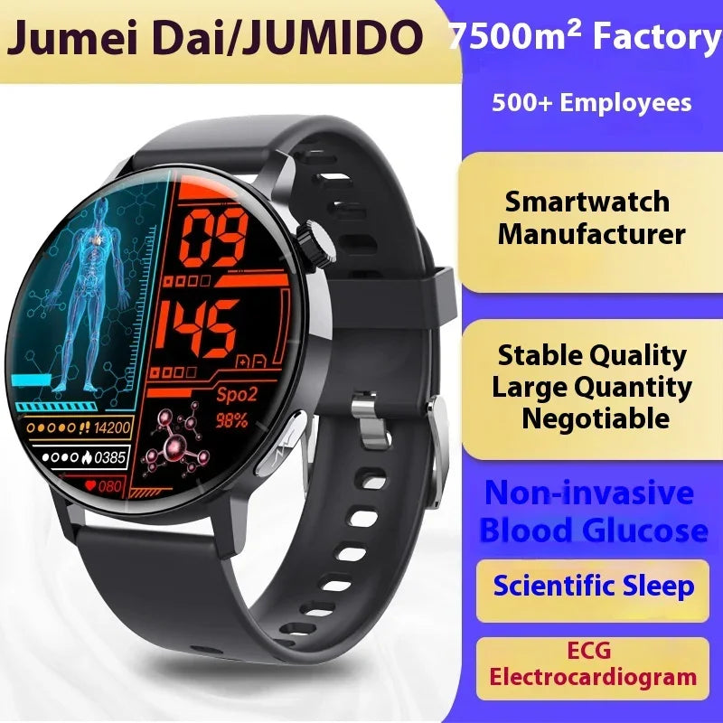 Black smartwatch with silicone band, health tracking display, and digital fitness stats.
