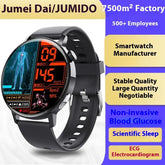 Black smartwatch with silicone band, health tracking display, and digital fitness stats.