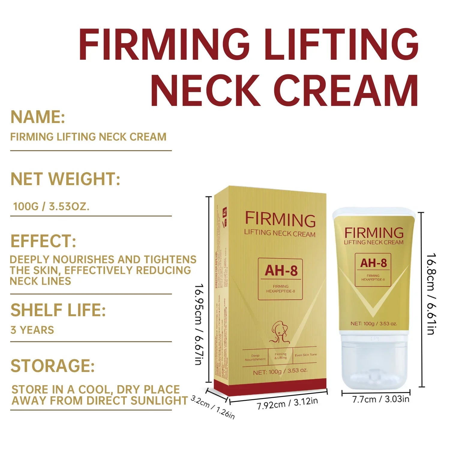 Firming lifting neck cream packaging and bottle, gold color, 100g, for tightening skin