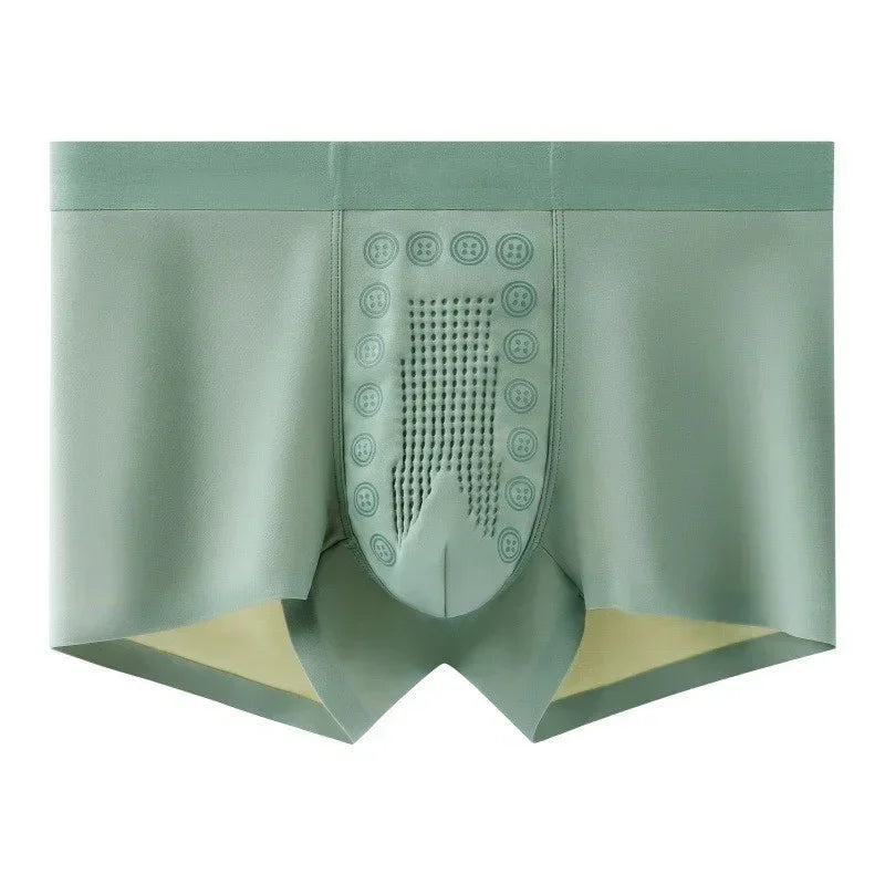 Light green men's boxer briefs with seamless design and textured front panel, soft stretch material, snug fit.