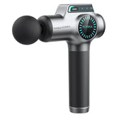 Silver and black handheld massage gun with round foam attachment and digital controls