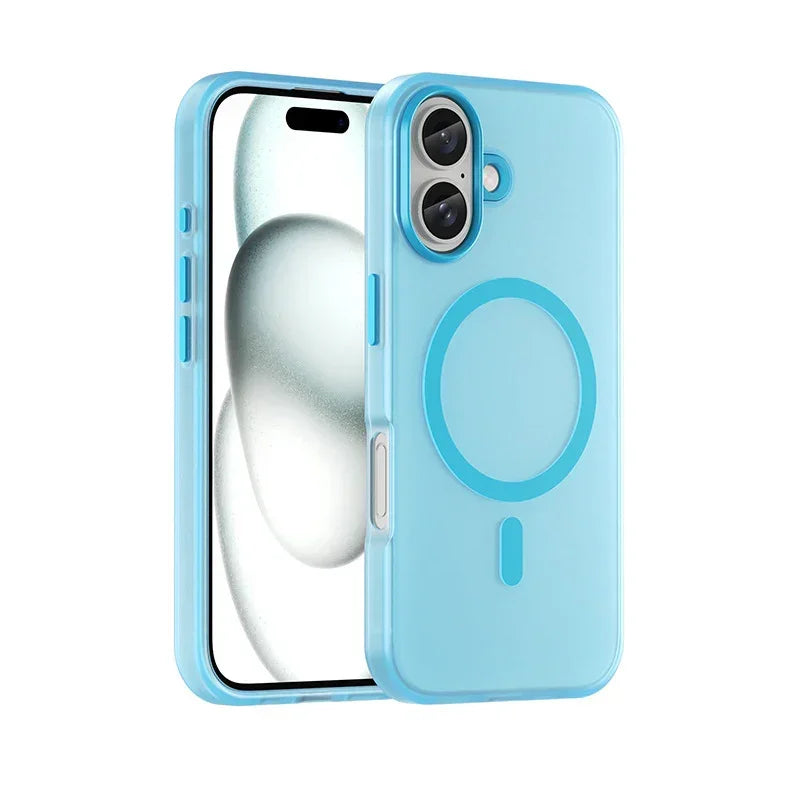 Light blue silicone magnetic phone case with raised camera cutout and slim fit design