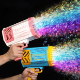 Two handheld colorful bubble guns shooting streams of bright iridescent bubbles
