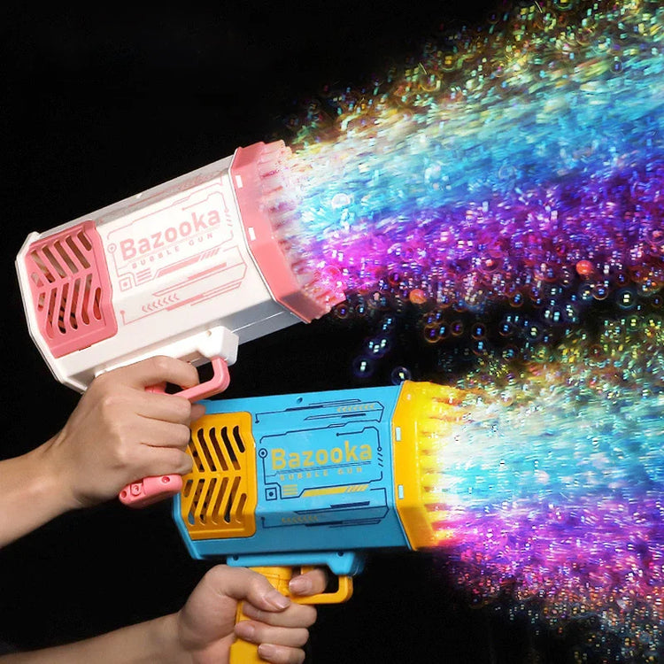 Two handheld colorful bubble guns shooting streams of bright iridescent bubbles