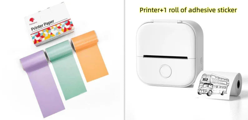 Compact portable thermal printer with colorful adhesive printer paper rolls, modern tech accessory