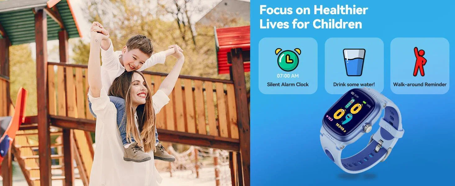 Woman in loose white shirt and child in casual streetwear playing at a park, smartwatch for kids showcased.