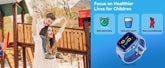 Woman in loose white shirt and child in casual streetwear playing at a park, smartwatch for kids showcased.