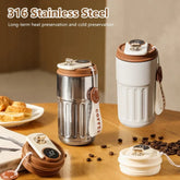 Double wall stainless steel and white insulated tumblers with digital temperature display lids, coffee-themed straps, and a modern, textured finish for hot and cold drinks.