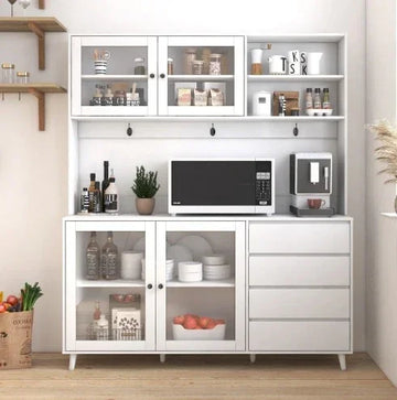 Modern white kitchen cabinet with glass doors, open shelving, and minimalist decor.