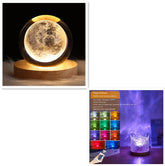 Futuristic LED moon lamp on wooden base and crystal night light with RGB color options.