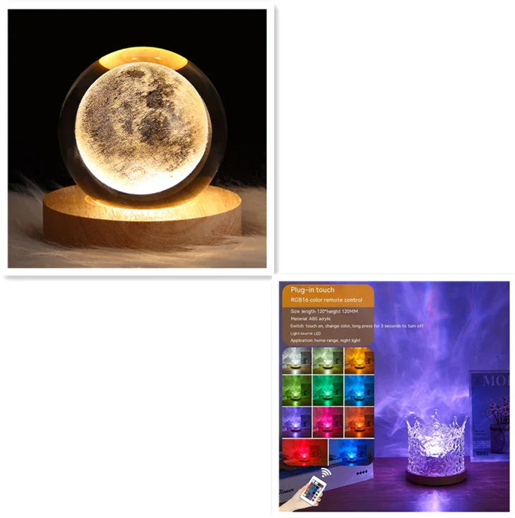Futuristic LED moon lamp on wooden base and crystal night light with RGB color options.