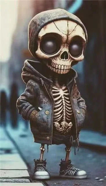 Stylized skeleton in oversized gray hoodie, streetwear style, urban background, relaxed fit