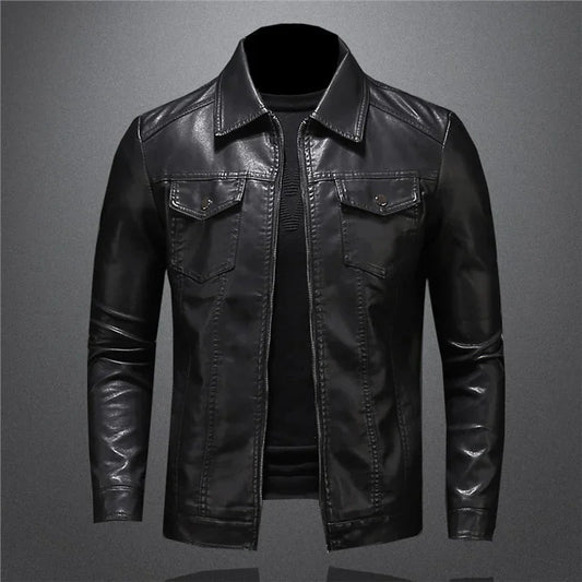 Men's black faux leather jacket with chest pockets and slim fit design