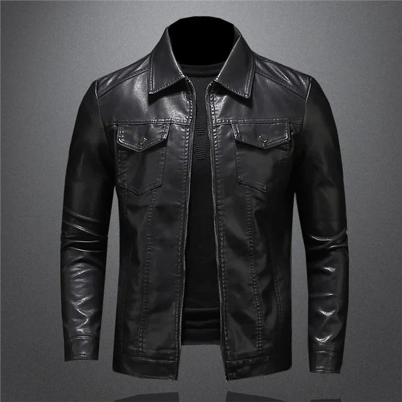Black faux leather jacket with sleek modern fit, buttoned chest pockets, and collared design