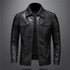 Black faux leather jacket with sleek modern fit, buttoned chest pockets, and collared design