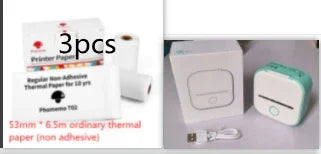 Mini portable thermal printer with USB cable and thermal paper rolls, white and teal design