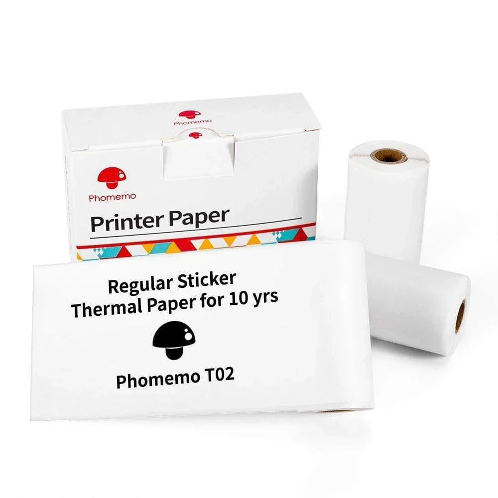 White thermal printer sticker paper rolls and packaging on white background