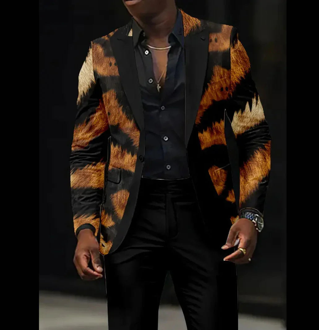 Men's slim-fit tiger print blazer with black lapels, paired with black dress shirt and pants