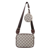 Brown and beige crossbody bag with geometric pattern and adjustable strap, includes coin pouch