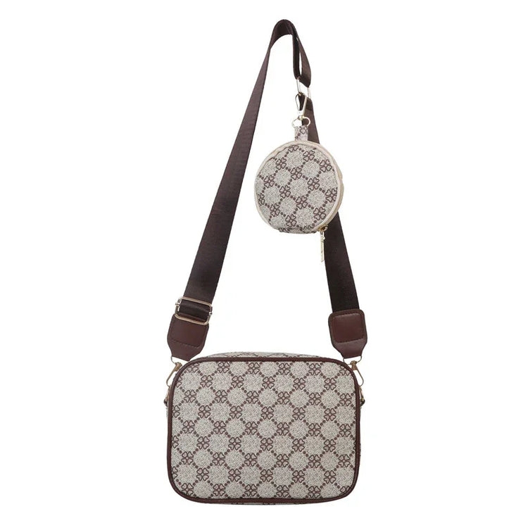 Brown and beige crossbody bag with geometric pattern and adjustable strap, includes coin pouch