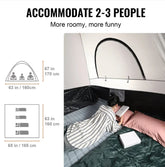 Woman in loose striped loungewear reading inside roomy tent with padded sleeping mats.