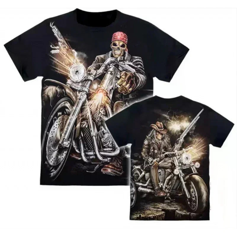 Black short sleeve t-shirt with bold graphic of skeleton biker on motorcycle, relaxed fit, soft material.