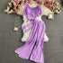 Lavender polka dot two-piece set with short sleeve blouse and wide-leg pants, flowy fit