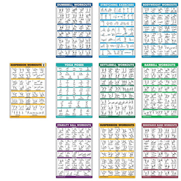 Set of colorful workout and exercise posters illustrating various fitness routines.