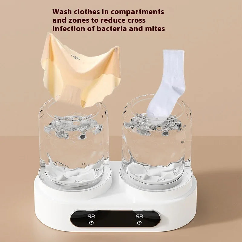 Compact dual-chamber mini washing machine washing beige underwear and white sock separately