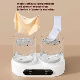 Compact dual-chamber mini washing machine washing beige underwear and white sock separately