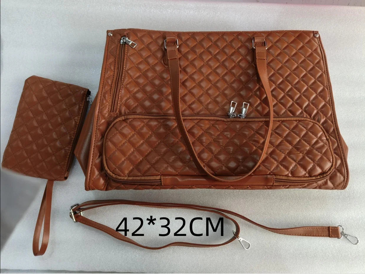 Brown quilted leather travel bag set with top handles, detachable strap, and matching pouch, 42x32 cm size.