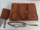 Brown quilted leather travel bag set with top handles, detachable strap, and matching pouch, 42x32 cm size.