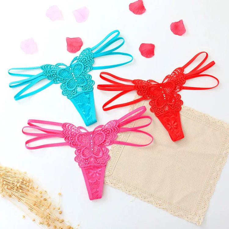 Colorful lace butterfly cut-out thongs in blue, red, and pink with strappy sides
