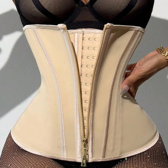 Beige satin waist trainer corset with front zipper and hook closure, slim fit design