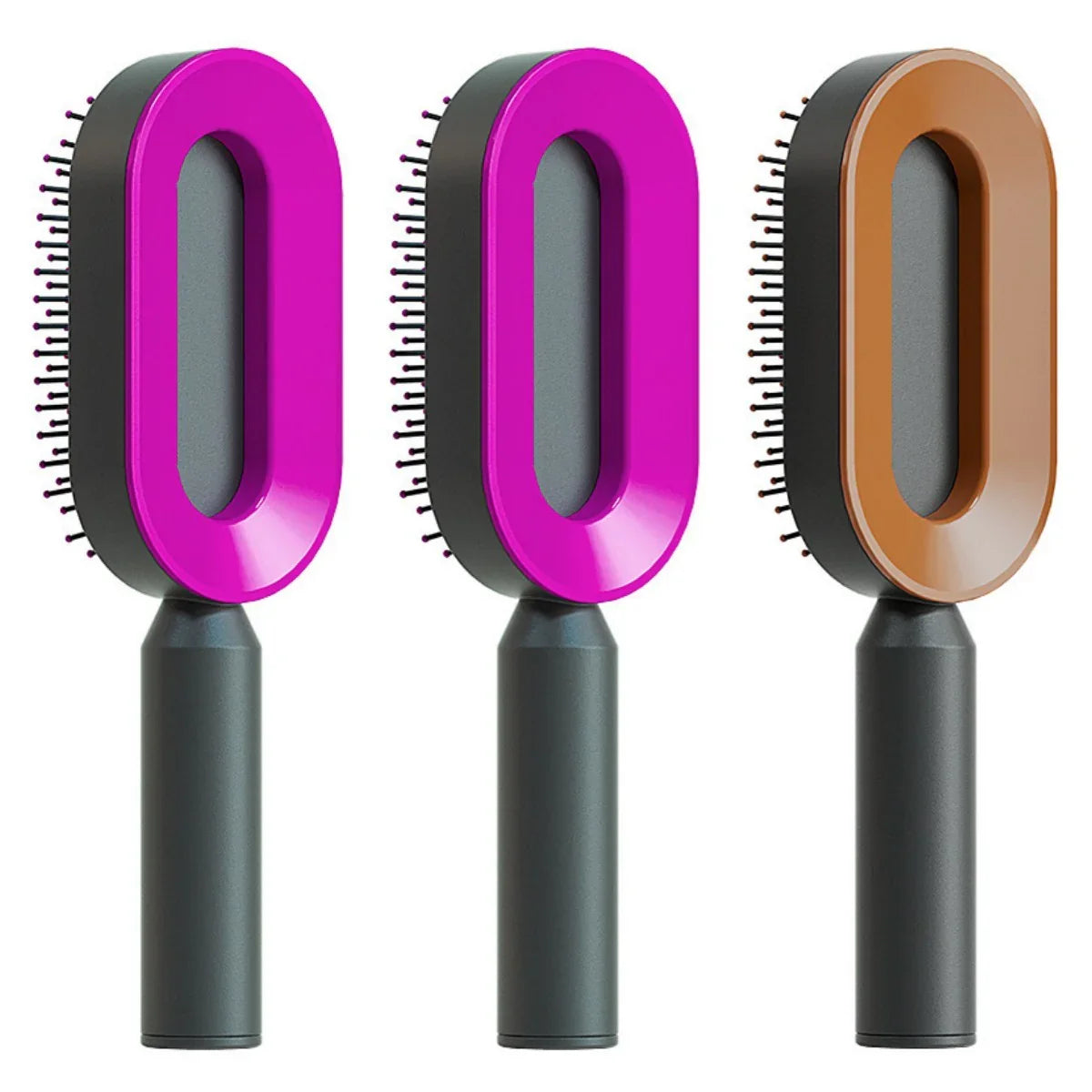 Three oval hair brushes with black handles and pink or brown glossy plastic frames