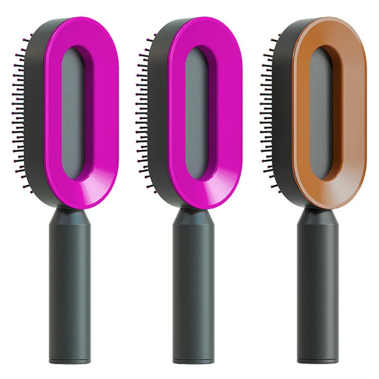 Three oval hair brushes with black handles and pink or brown glossy plastic frames