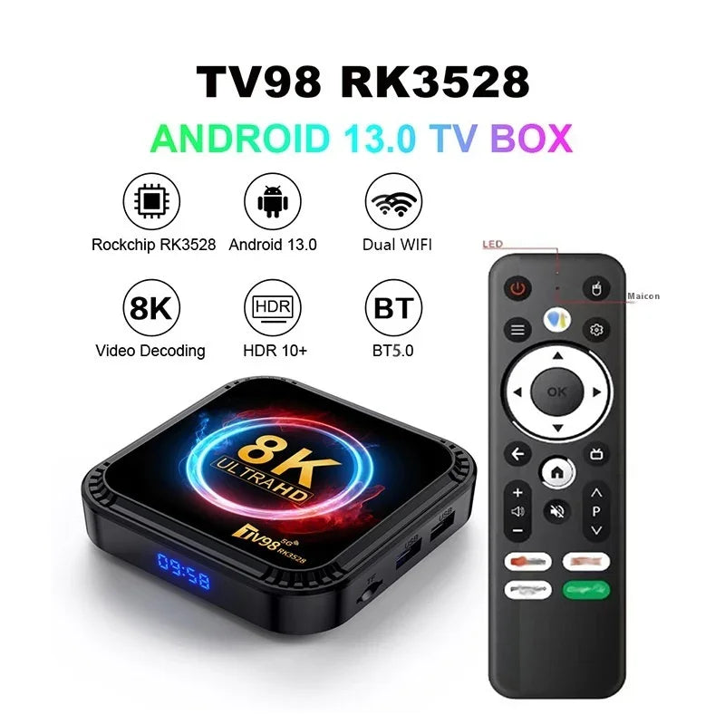 Android 13.0 TV box with 8K video decoding, HDR10+, dual WiFi, Bluetooth 5.0, and remote control.