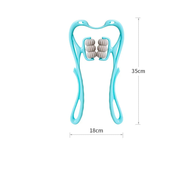 Blue plastic handheld massage roller with eight white rollers, measuring 35cm by 18cm.