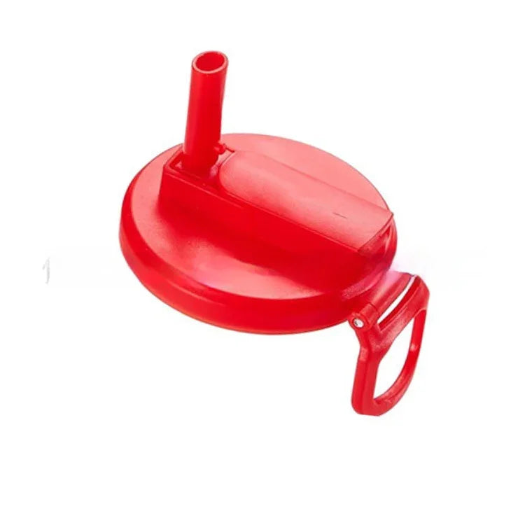 Red plastic bottle lid with built-in straw and handle, modern durable accessory