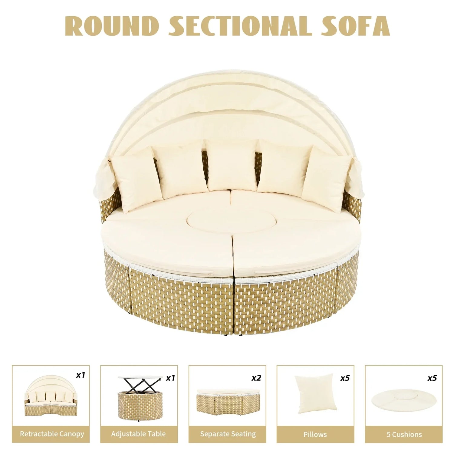 Beige round sectional sofa with retractable canopy, wicker base, plush cushions, and adjustable table.