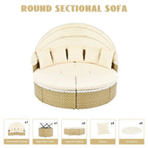 Beige round sectional sofa with retractable canopy, wicker base, plush cushions, and adjustable table.