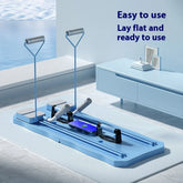 Light blue foldable home rowing machine with handles and footrests in a modern room