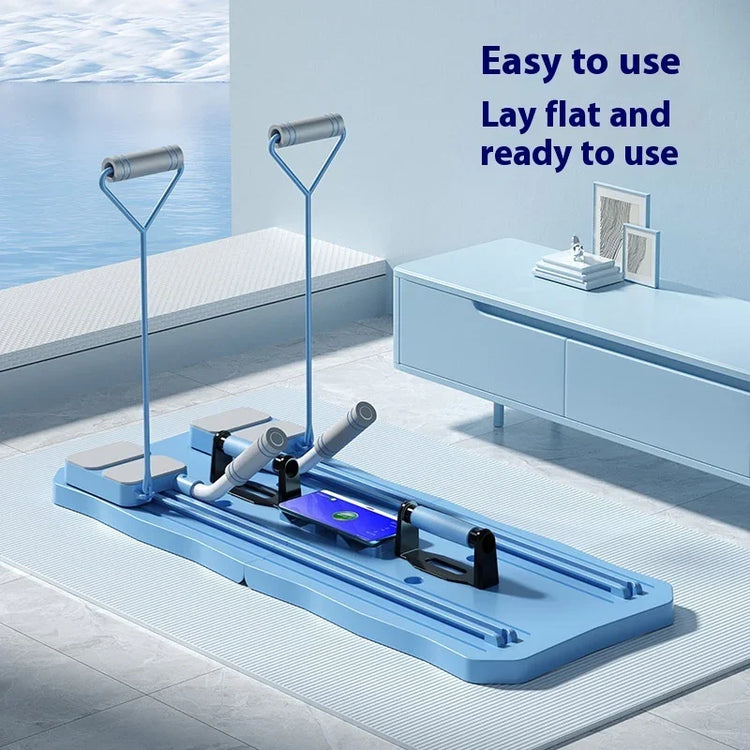Light blue foldable home rowing machine with handles and footrests in a modern room