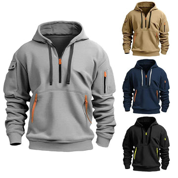 Men’s pullover hoodies in gray, tan, navy, and black with zip pockets and relaxed fit.