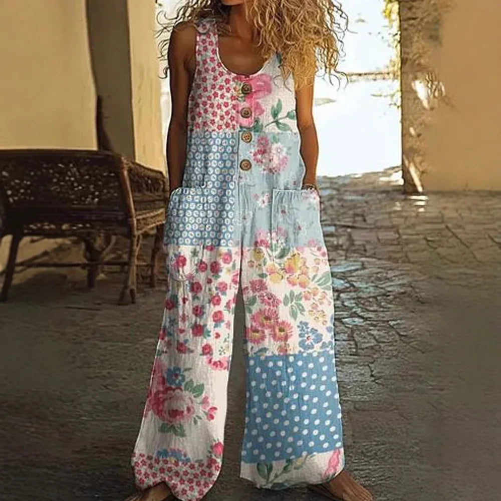 Woman wearing loose fit patchwork floral jumpsuit with blue polka dots and front buttons