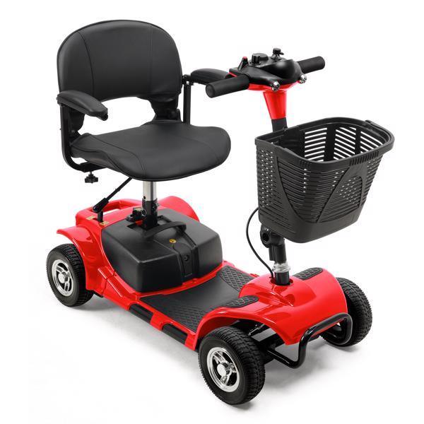 Red mobility scooter with black cushioned seat and front storage basket