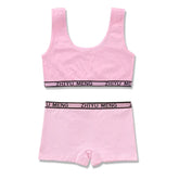 Light pink cotton bralette and shorts set with black elastic waistband and relaxed fit