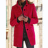 Woman wearing a vibrant red wool coat with black buttons, slim fit, street style fashion