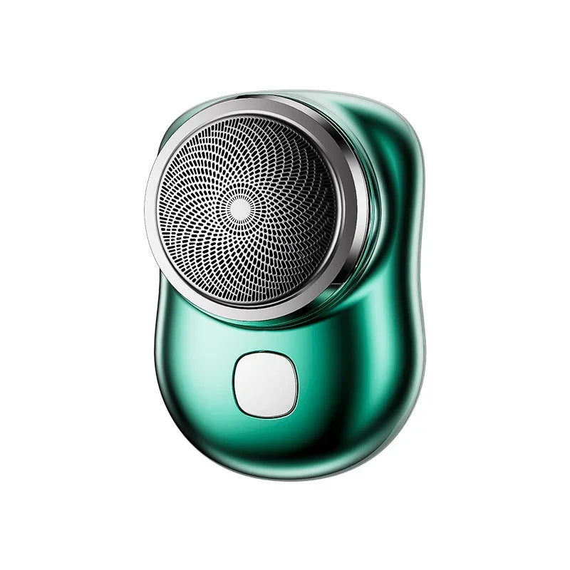 Metallic green portable electric shaver with ergonomic design and mesh blade head